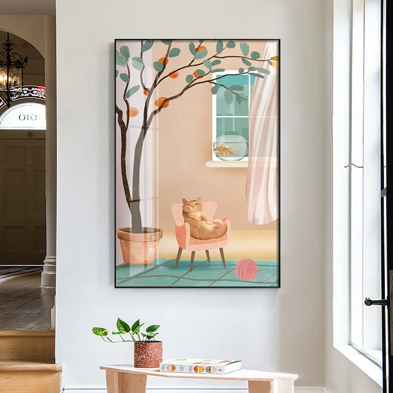 

Современное растение, милая мультяшная иллюстрация, милая кошка, настенное искусство, холст, живопись, скандинавский постер, печатная карти...