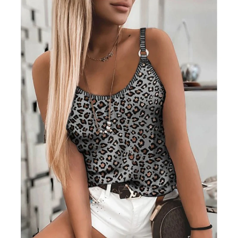 

Summer Sleeveless Leopard Camouflage Print Top Sexy Cool Stretch Camisole Party Club Backless Cropped Top Bottoming Outwear