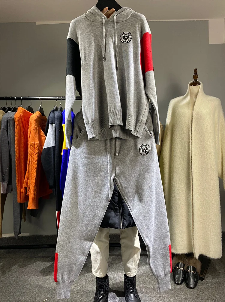 

New 2021 Vintage ladies Knitted Cardigans Sweaters + wide leg pants Trousers Outfit 2 pieces suits A469
