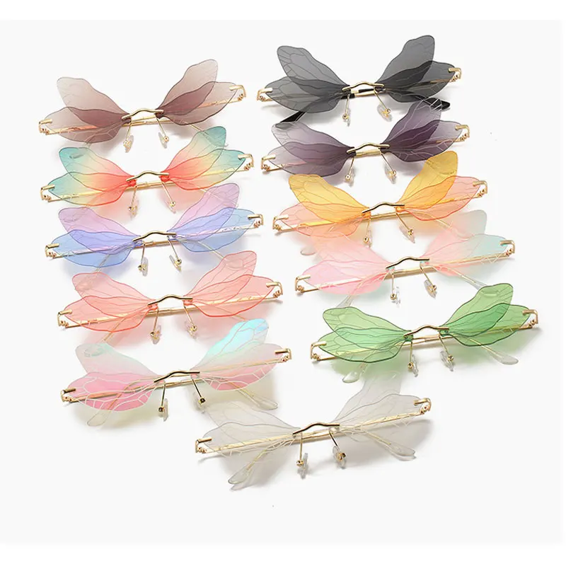 2022 Vintage Dragonfly Wings Sunglasses Fashion Rimless Women Clear Lens Eyewear Men Pink Sun Glasses UV400 Eyewear Female rectangle sunglasses