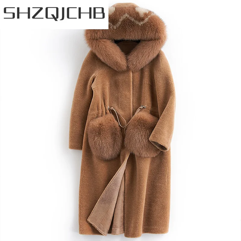 

Женское зимнее пальто SHZQ из натурального меха, Толстая куртка с овчиной и большим капюшоном из лисьего меха, корейское теплое пальто из 100% ш...