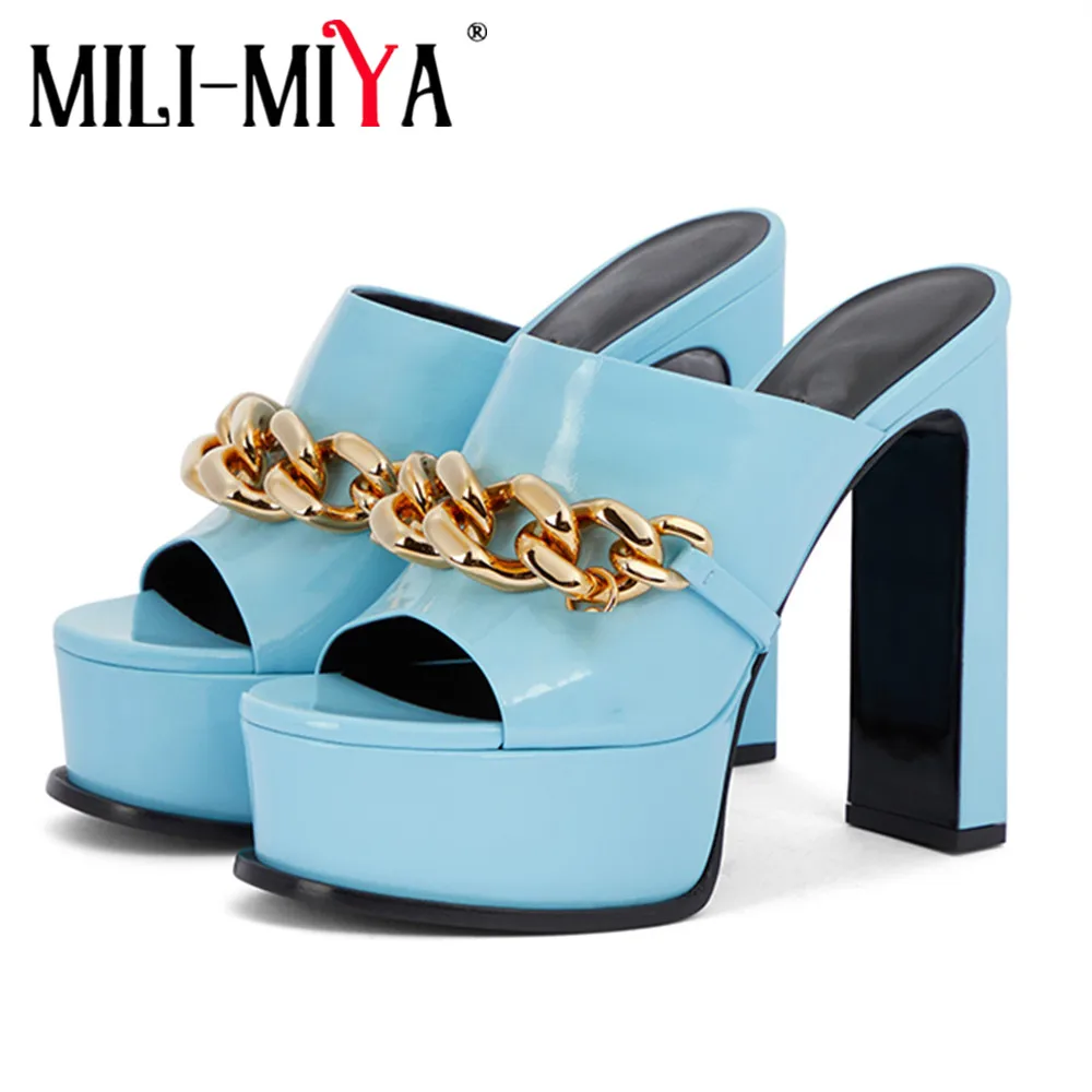 

MILI-MIYA 2021 горячая Распродажа На высоких толстых каблуках Женские тапочки на платформе; Открытый круглый носок металлической цепью летние же...