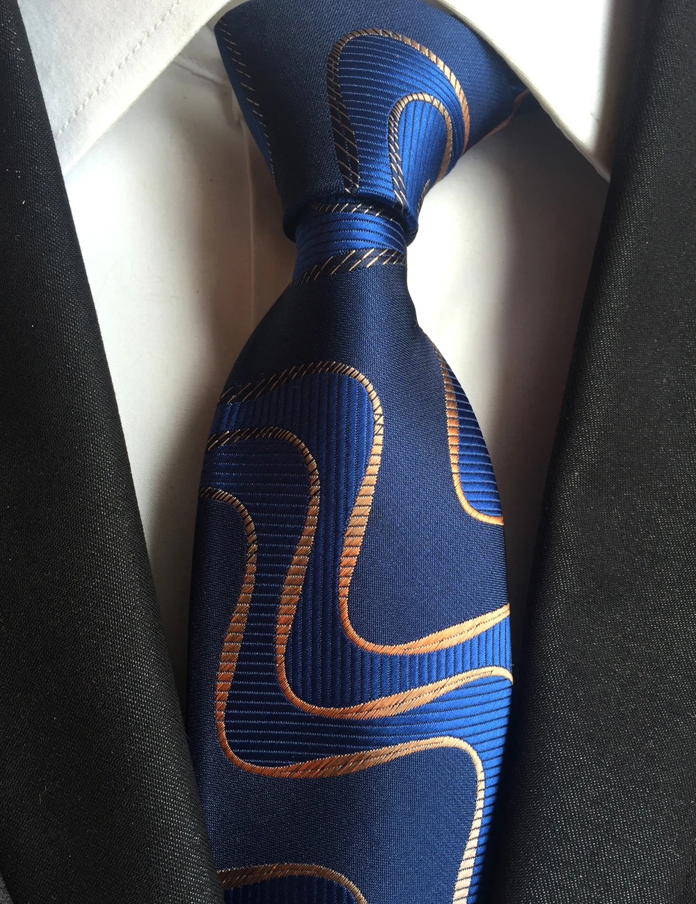 

8cm Fashion Men Blue Necktie Unique Gold Wave Stripes Ties