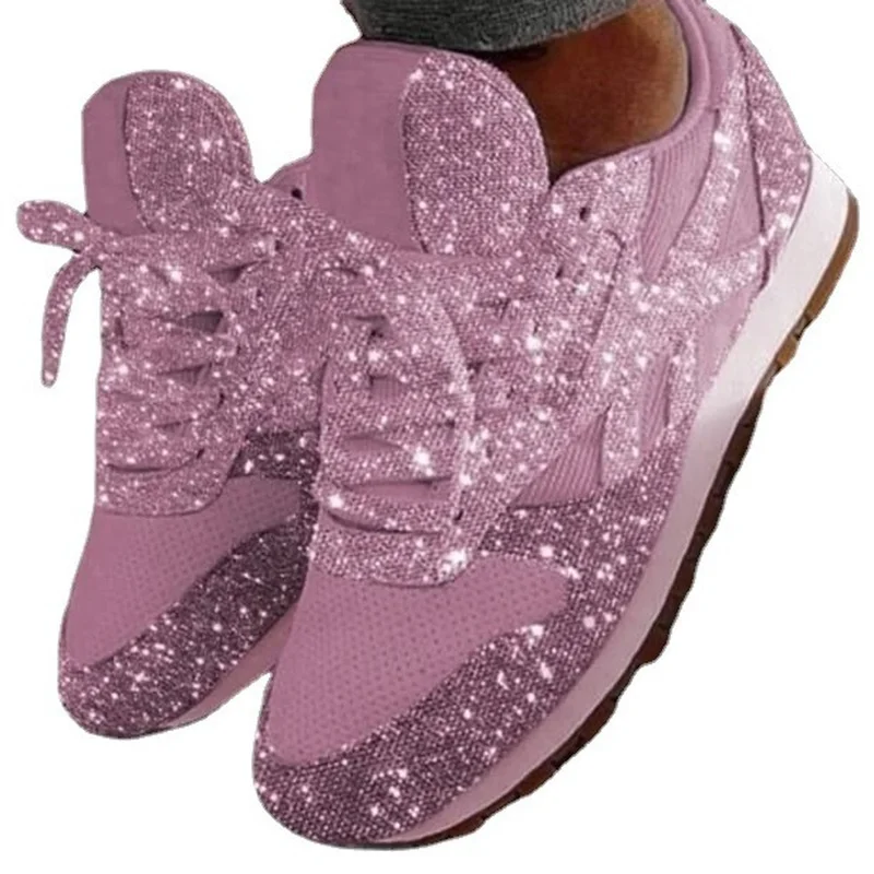 

2021 Ladies Sequin Shoes Mesh Flat Shoes Ladies Sneakers Rhinestone Lace-up Vulcanized Shoes Outdoor Platform Running Shoes