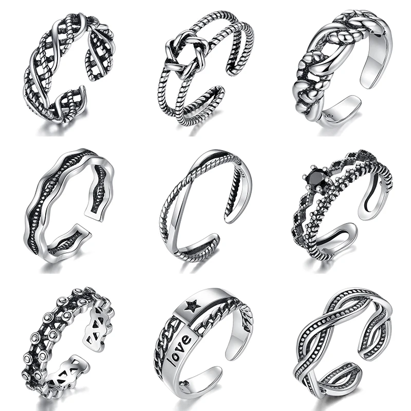 

Vintage Luxury Thai Silver Color Adjustable Chunky Big Rings For Men Women Black Boho Letter Flower Star Jewelry S-R2195