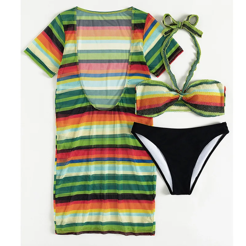 Комплект бикини в радужную полоску женское платье с коротким рукавом купальник