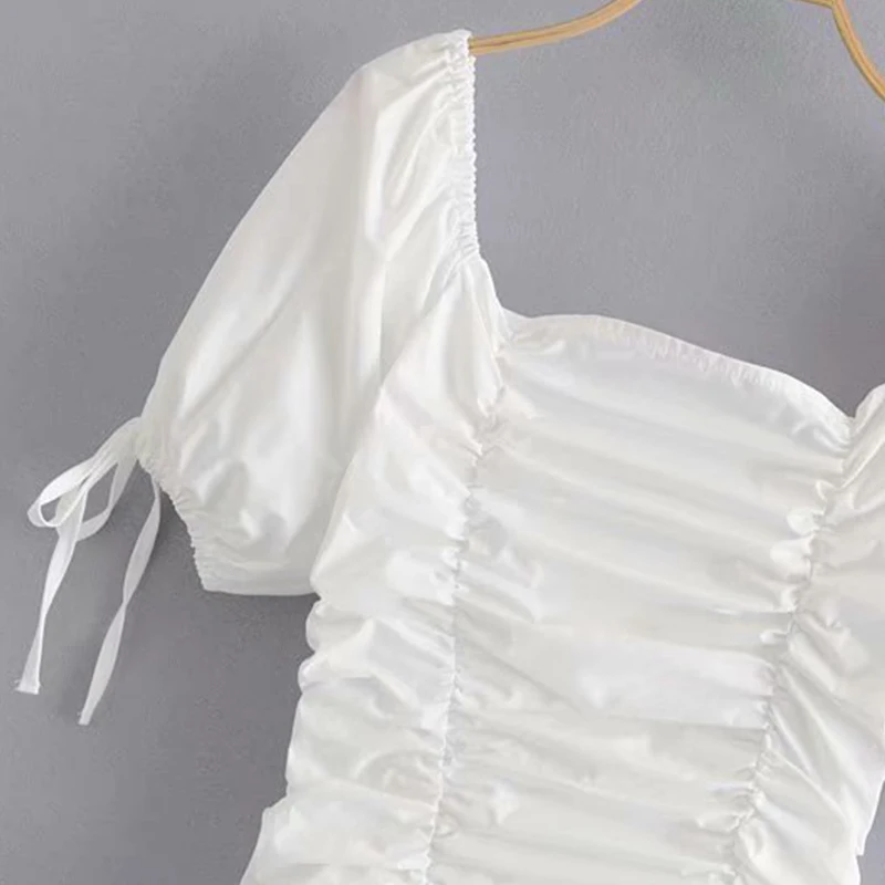 

SWEETKAMASummer Vintage Solid White Puff Sleeve Ruched Lace-Up Back Zipper Slim Mini Dress Women