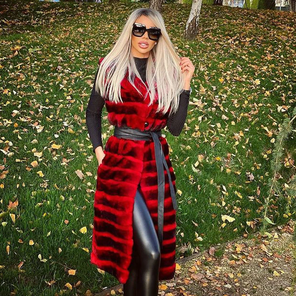 Winter New Real Rex Rabbit Fur Coat Sleeveless Woman Long Whole Skin Genuine Rex Rabbit Fur Vest with Leather Belt Slim Women