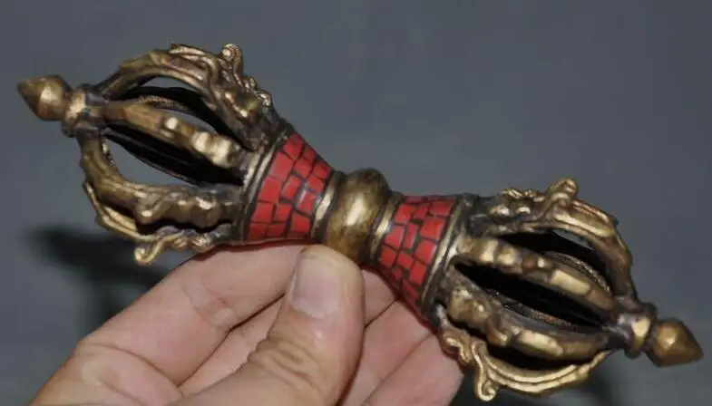 Тибетский буддизм Красный Коралл позолоченная бронза Vajra Phurpa кинжал талисман