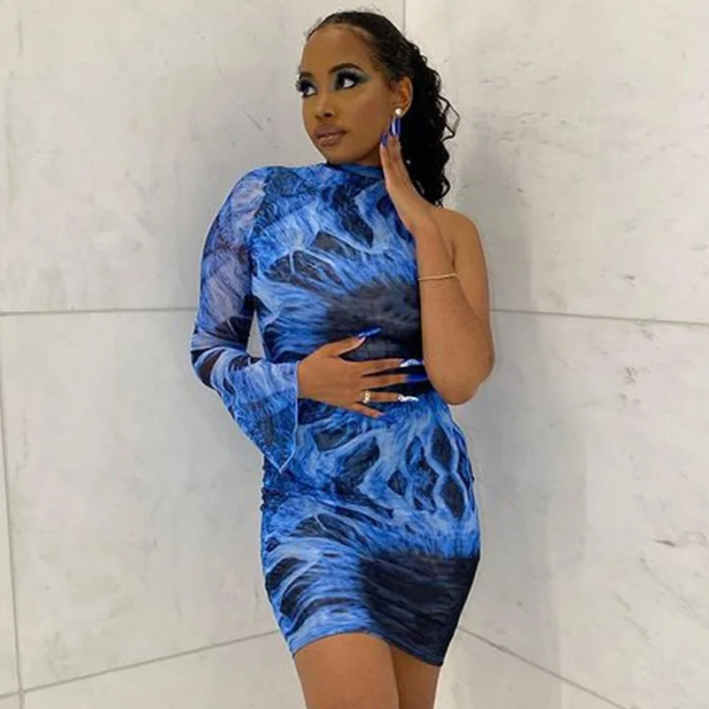 

Female Clothing Women's Dress Printed Stand Collar One Shoulder Sleeve High Waist Mini Dress Woman Clothes Autumn Fashion Robe