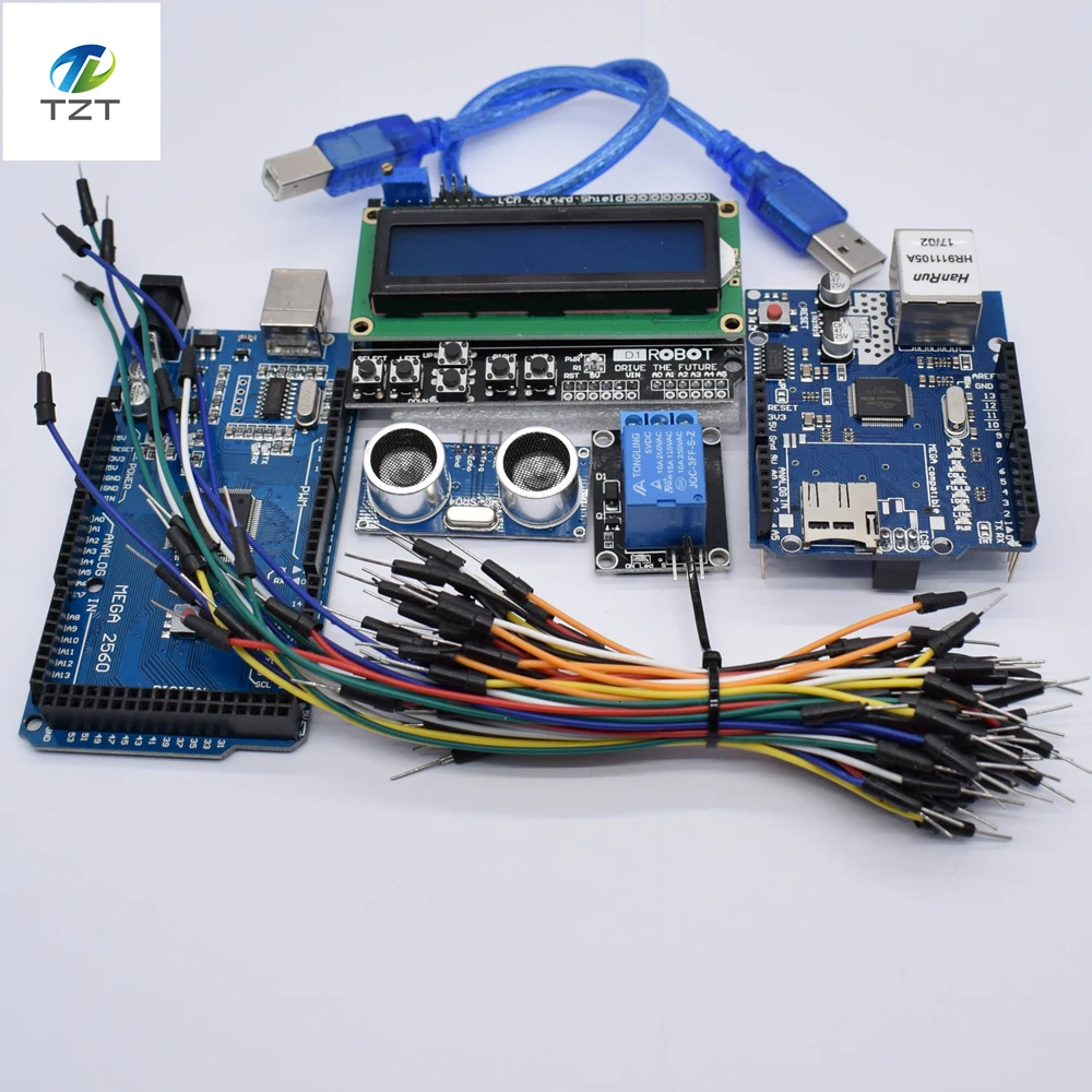 Mega 2560 r3 для arduino комплект+ HC-SR04+ макетный кабель+ релейный модуль+ W5100 UNO щит+ ЖК-экран 1602 клавиатура Щит