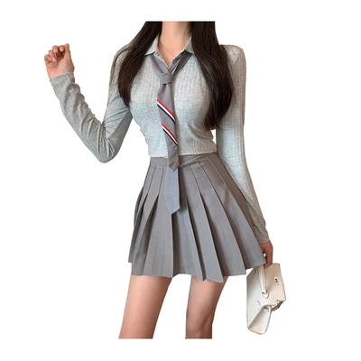 

College Style Japanese Harajuku School Uniform Outfit Cute Tie Solid Color Full Sleeve Tops Sweet High Waist Ball Pleated Suit