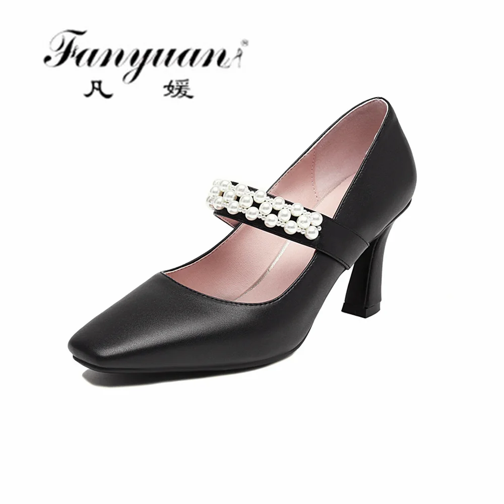 

Fanyuan Autumn Women High Heels Pumps Mary Janes Square Toe Shallow Sweet Ladies Shoes With Pearl Buckled Sapato Feminino