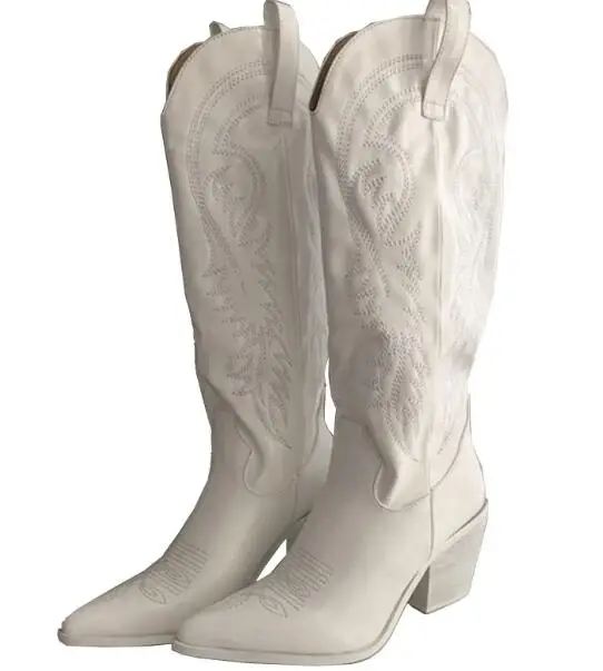 

BONJEAN Newest Pointed Toe Riding Boots for Woman Thick Heels Embroidery Vintage Boots Black White Cowboy boots