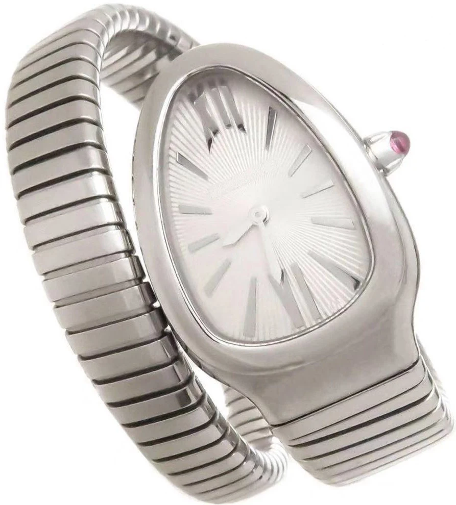 

Женские часы со змеиным браслетом для девушек, серебристые, белые, римские, японские, кварцевые, из нержавеющей стали, сапфировые, женские сп...
