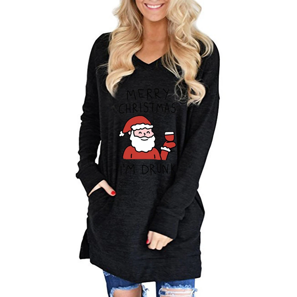 

Santa Claus Pattern Long T-Shirt for Women Merry Christmas Full Sleeve V Neck Loose Casual Graphic Tunic #christmas Tees