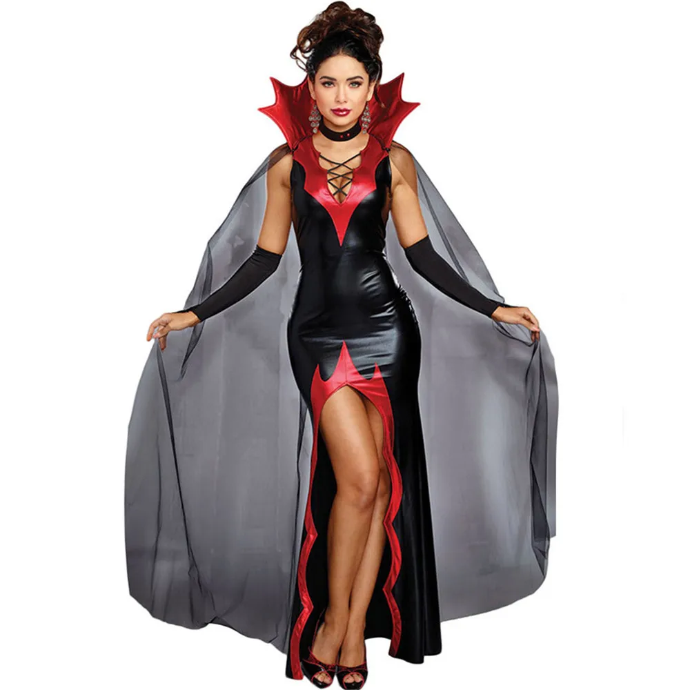 New Sexy Women Killing It Halloween Cosplay Fancy Dress with Cape Gloves Fashion Vampire Costume Gown Black Party Clothes