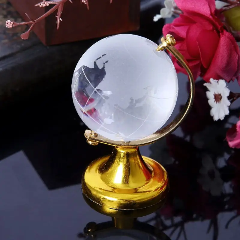 

Q0KF Mini Round Earth Globe World Map Crystal Glass Clear Stand Desk Decoration Gifts