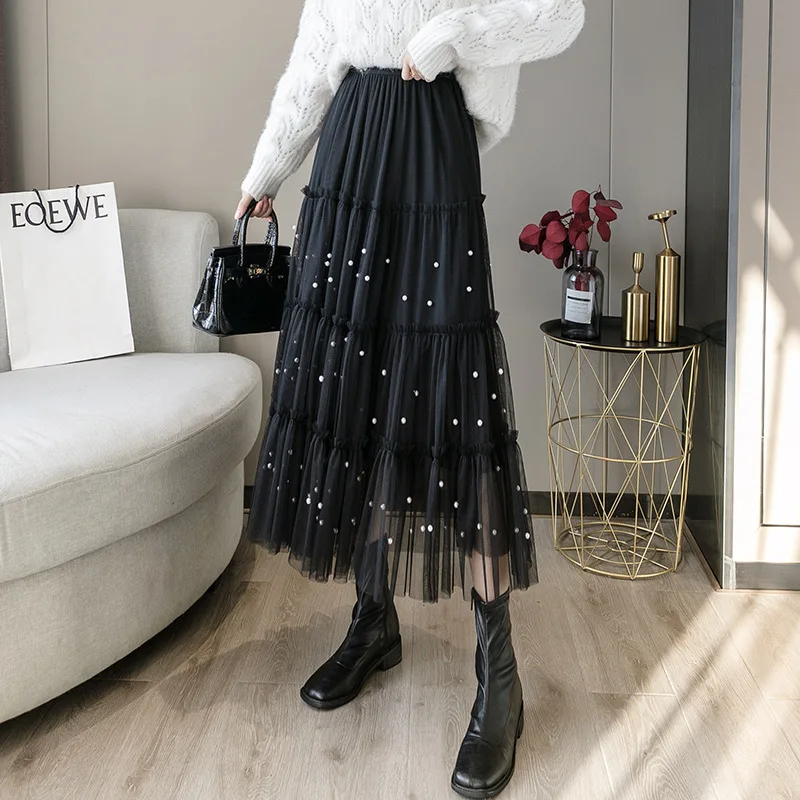 

2021 Spring & Autumn New Thick High Waist Slimming Beaded Net Yarn Large Swing Cake Skirt Women A-line Long Skirt Free Shipping
