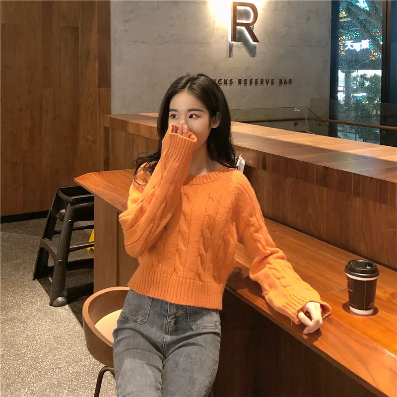 Autumn Winter New Women's Short Pullovers Sweater Twist Knitting Full Sleeve Solid Fashion Vintage Casual Tops T98506D