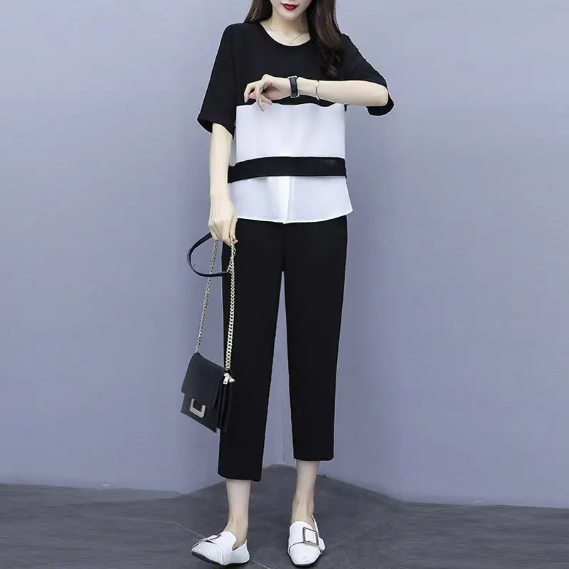 Летний Повседневный свободный костюм для женщин среднего возраста топ с