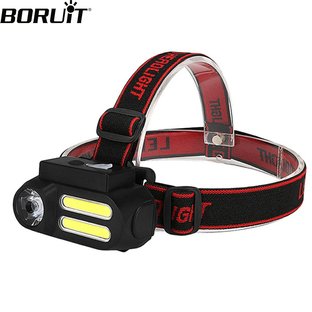 BORUiT XPE+2* COB LED Mini Headlamp 4-Mode Work Light Headlight Rechargeable 18650 Waterproof Head Torch for Camping Hunting