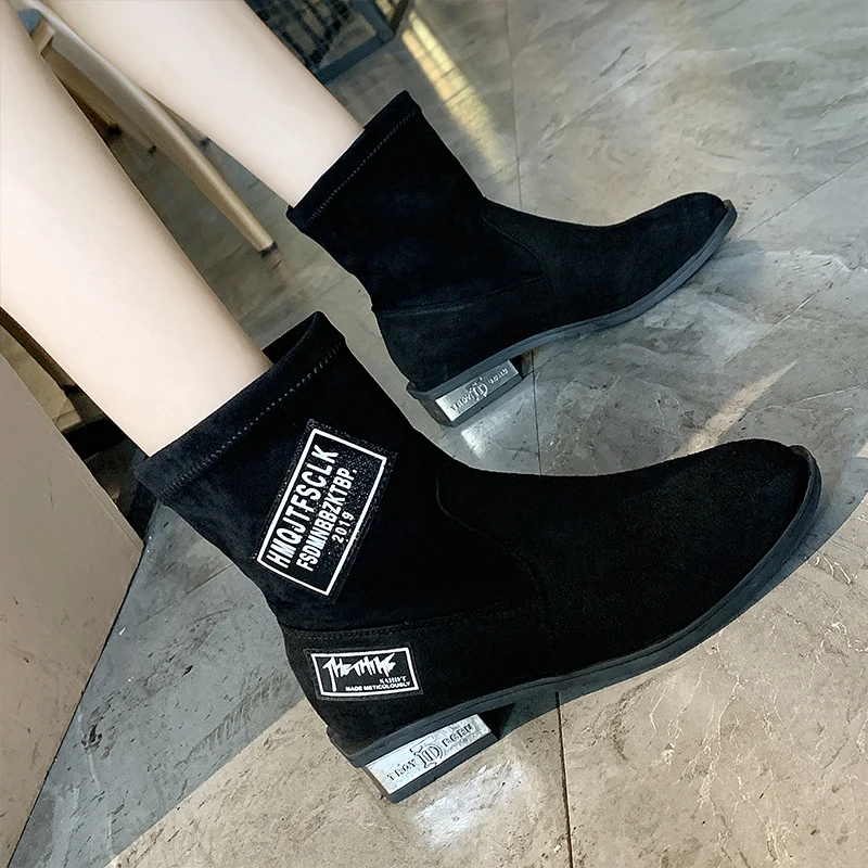 New Luxury Designer Vintage British Style Stretch Shoes Winter Women Letter Print Plus Velvet Keep Warm Thick Heels Martin Boots | Обувь