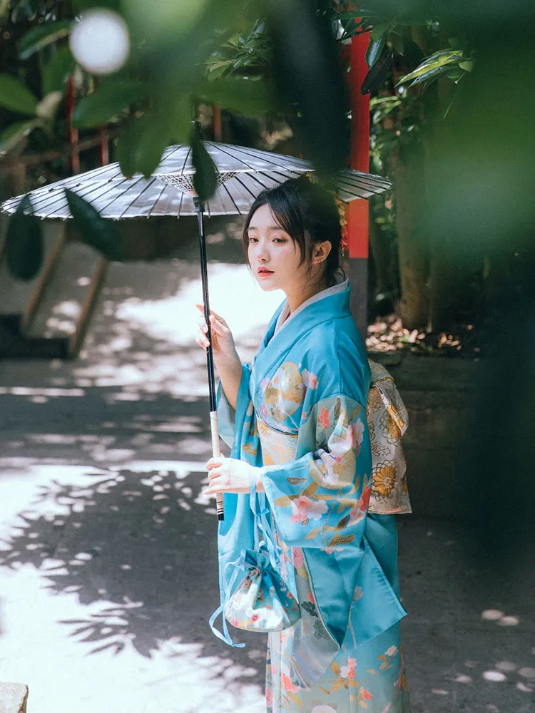 

Japanese Traditional Women's Kimono Blue Color Floral Prints Classic Yukata Cosplay Wear Performing Dress Sleeping Robe