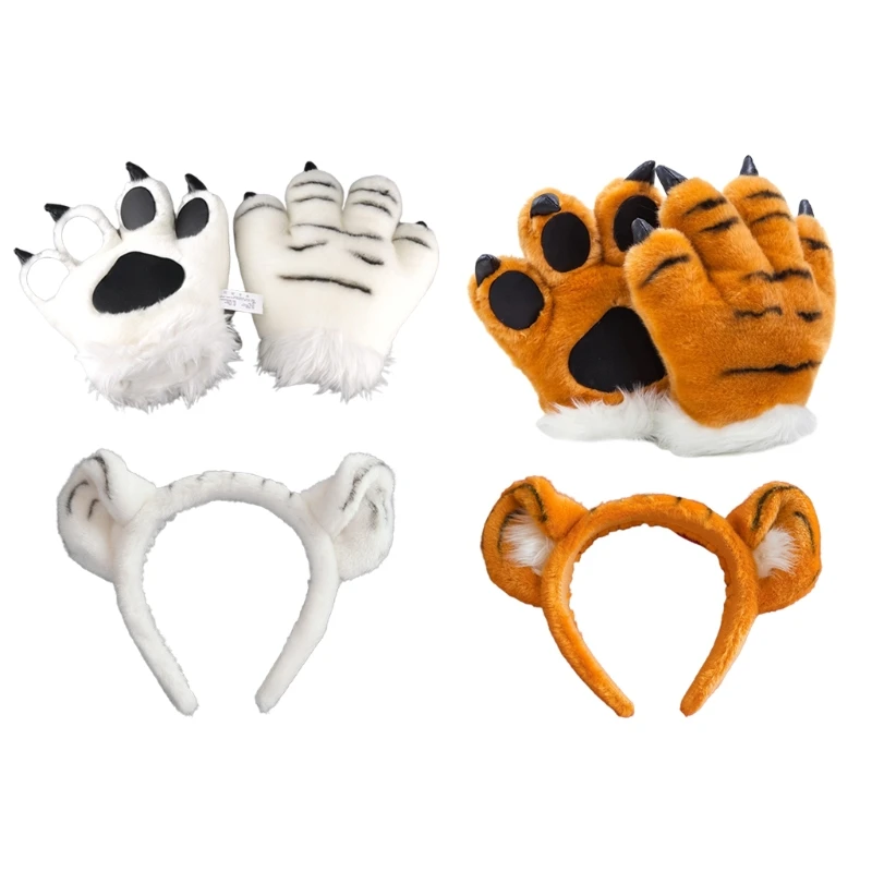 

Plush Tiger Cosplay Costume Set Cute Ears Headband Animal Paw Gloves Party Props