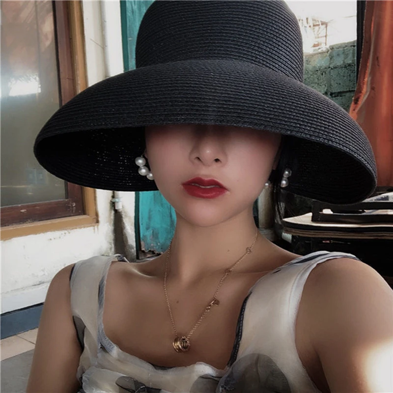 

Designer Handmade Women Summer Sun Hat Beach Japanese Hepburn Style Big-Edge Fisherman Solid Temperament Flat Straw Foldable
