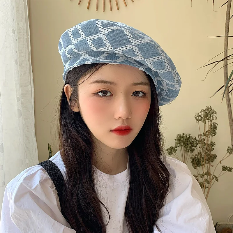 

Rhombus Pattern Embroidery Pearl Beret Caps for Women Cotton Vintage Summer Sun Hats For Women Outdoor Berets Travel Beach Cap
