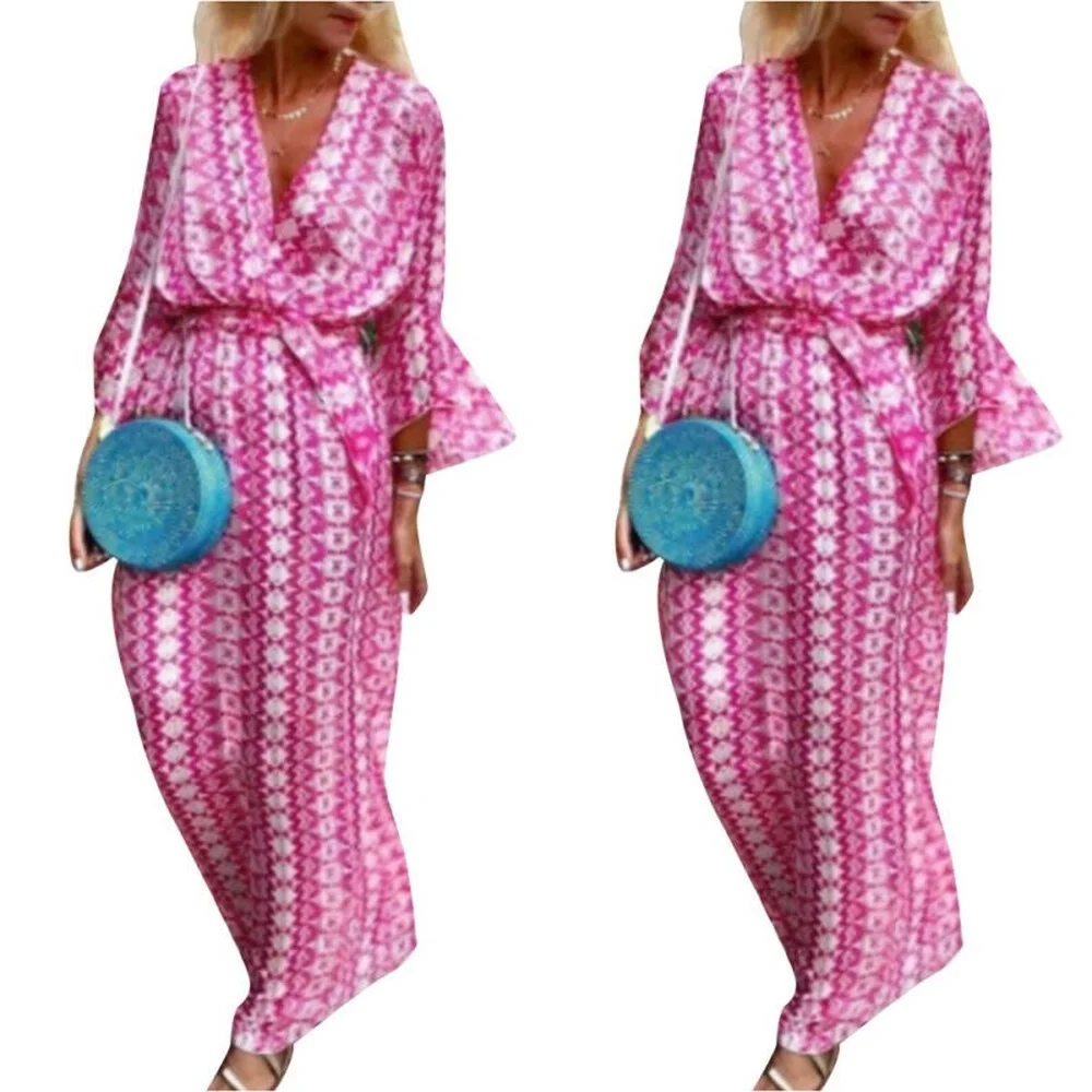 

Womens V-neck Belted Long Dress Ladies Summer Loose Travel Holiday Sundress