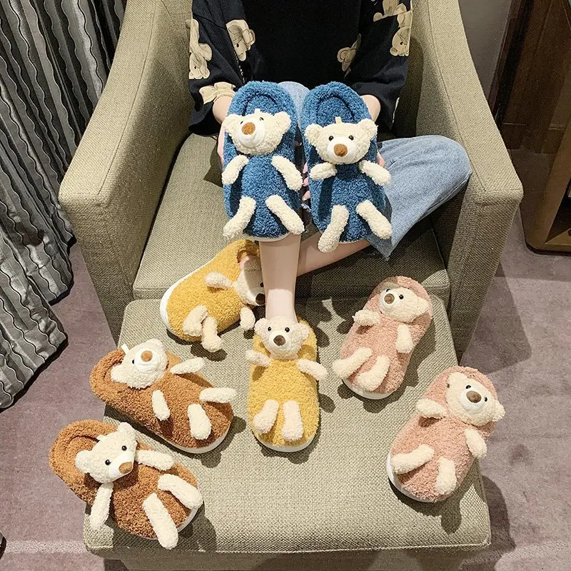 Новинка Зима 2020 Симпатичные дизайнерские женские меховые тапочки 3D с медведем