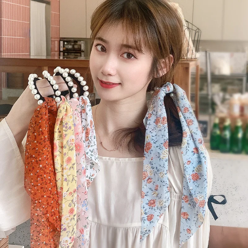 

Ponytail Scarf Fashion Pearl Bow Floral Print Scrunchies Hair Ribbon For Women Satin Silk Hair Bands Satin Silk Accessories