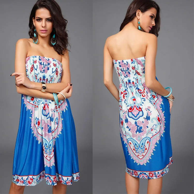 

Woman Bohemian Holiday Beach Empire Waist Knee-length Dresses Female Vestido Strapless Dresses