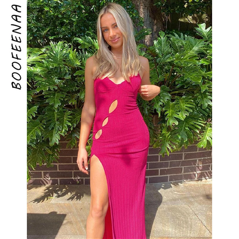 

Сексуальные Макси-платья BOOFEENAA с открытой спиной и разрезом для женщин, лето 2022, одежда для отпуска, облегающее платье на бретелях с асимметр...
