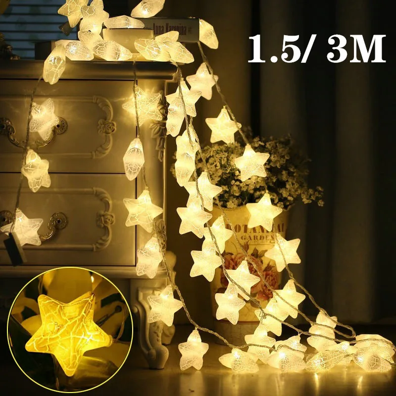 LED Ice Crack Star Lights Christmas Fairy Stars String Lights Cute Warm White Garland Lighting for Xmas Wedding Home Decoration