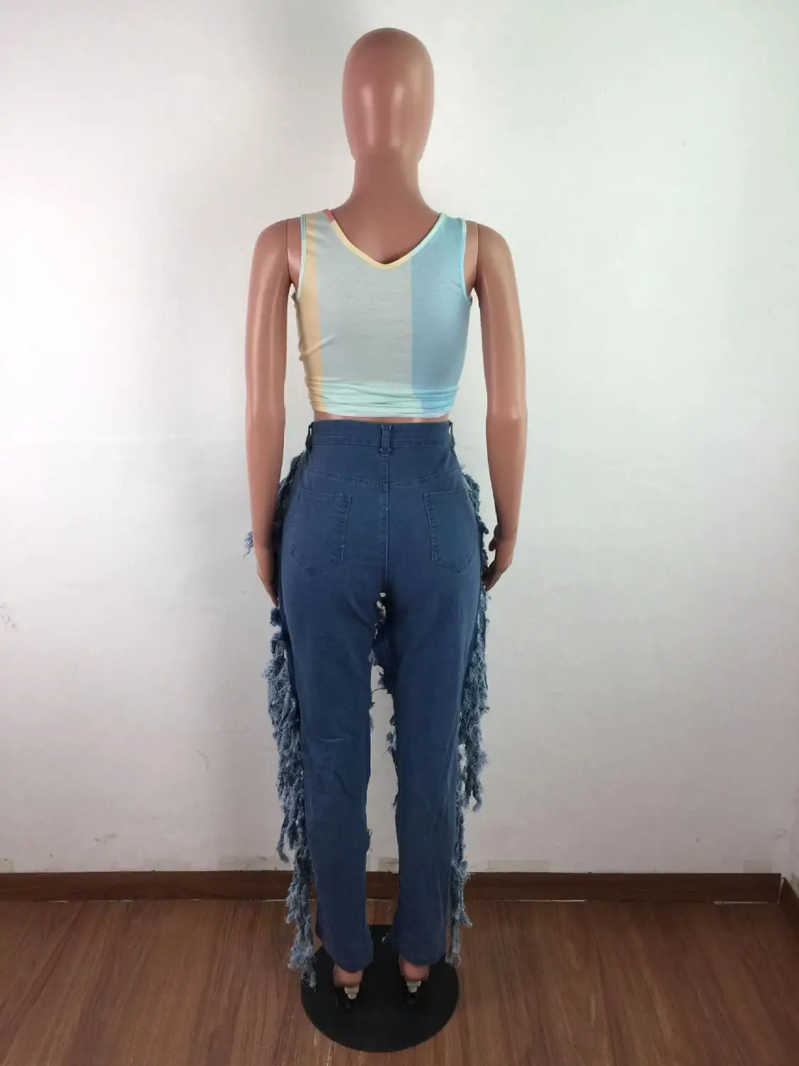 

New fashion solid color Slim Fit Jeans tight cut hole tassel high waist button women's Leggings