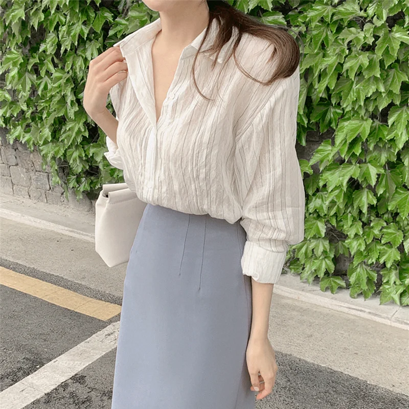 

New 2021 Summer Autunm Blouses Shirts Striped Vintage Oversize Korean Style Office Lady Fashionable Wild Tops E781