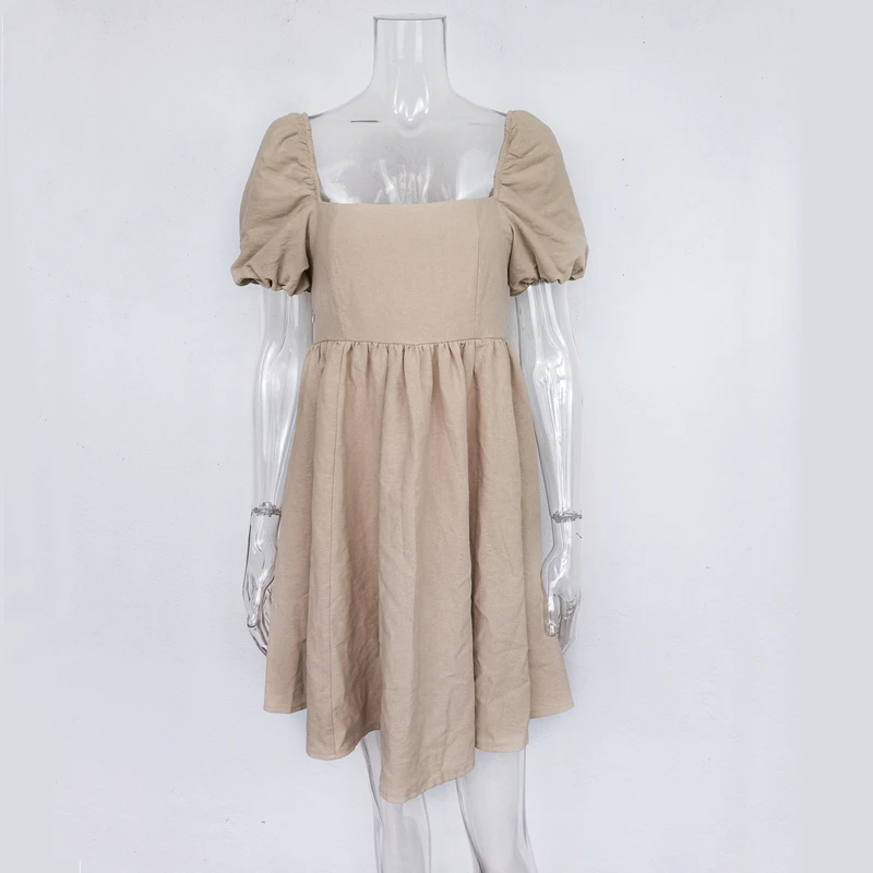 

Casual Linen Square Collar Mini Dress Women Puff Sleeve High Waist A Line Dress Vintage Solid Sweet Backless 2021 Summer Dress