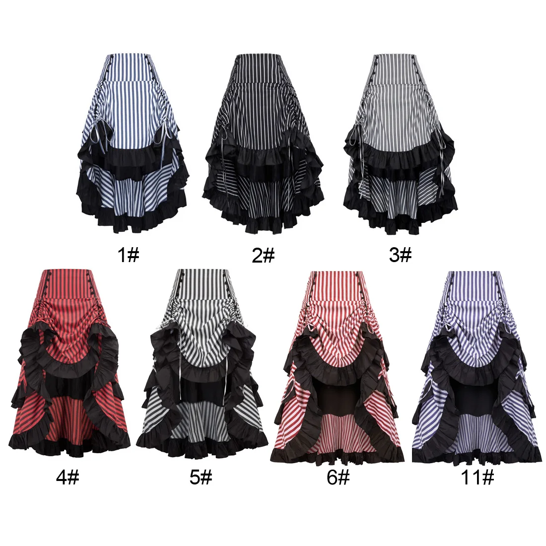 

High-Low Ruffles A Line Skirt Party Ladies Skirts Women Vintage Skirt Female Vintage Striped Gathered Steampunk Style
