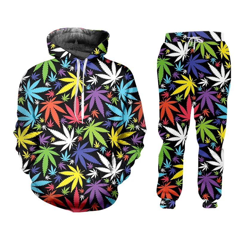 

IFPD Tracksuits For Women Colorful Leaves 3d Print Man Hoodie + Jogging Pants Set Harajuku Weeds Casual Sportswear Man Clothing