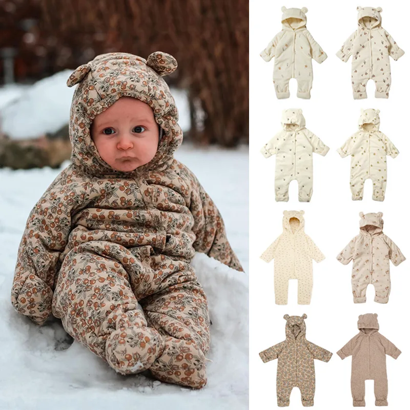 

2021 KS Baby Winter Romper Thicken Keep Warm Onesie Baby Boys Girls Brand Clothes Cherry Floral Pattern Romper with Cute Ears