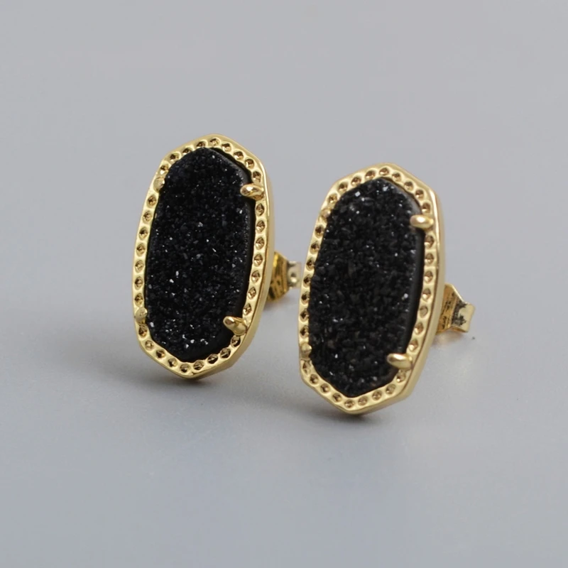 black Kendra Drusy серьги-гвоздики шестигранные радужные синие серебряные титановые серьги-гвоздики Druzy драгоценные камни Модные женские шпильки дропшиппинг - Окраска металла: black
