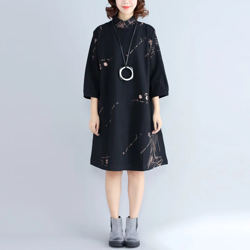 XITAO винтажный воротник-стойка с принтом миди платье женское элегантное свободное