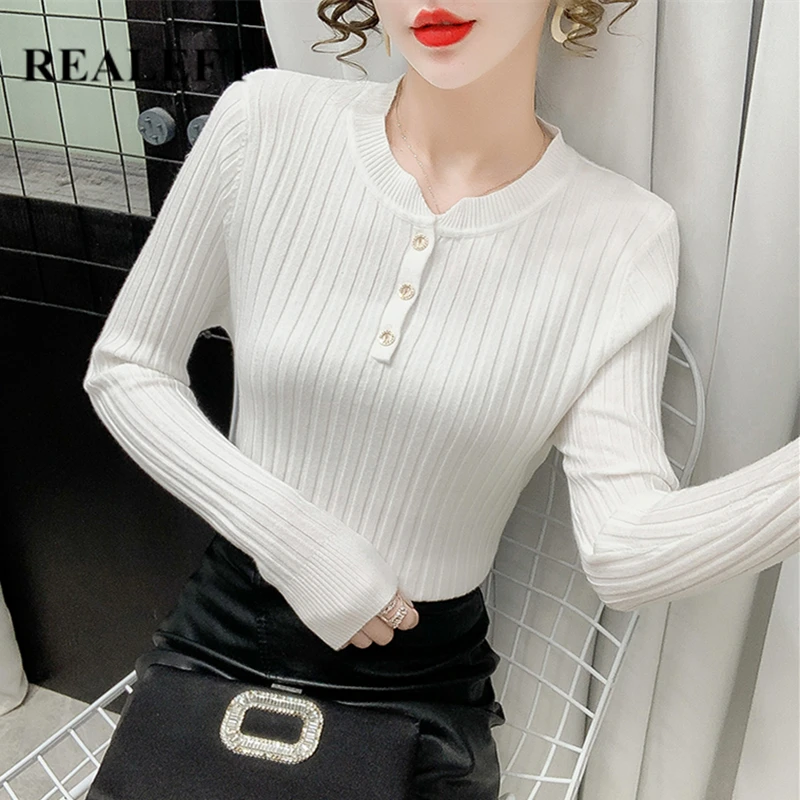 

REALEFT 2021 New Autumn Winter Slim Women's Sweaters Long Sleeve V-Neck Casual Knitting Pullovers Female Bottom Knitwear Tops