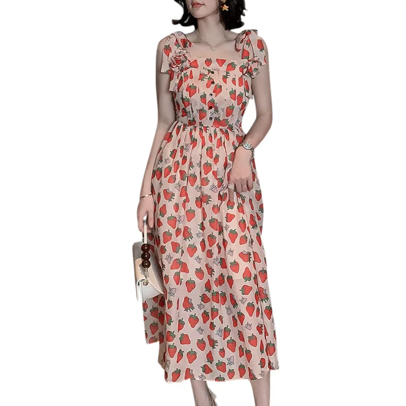 

2021 summer new fashion women's strawberry print suspender chiffon dress first love skirt female fairy