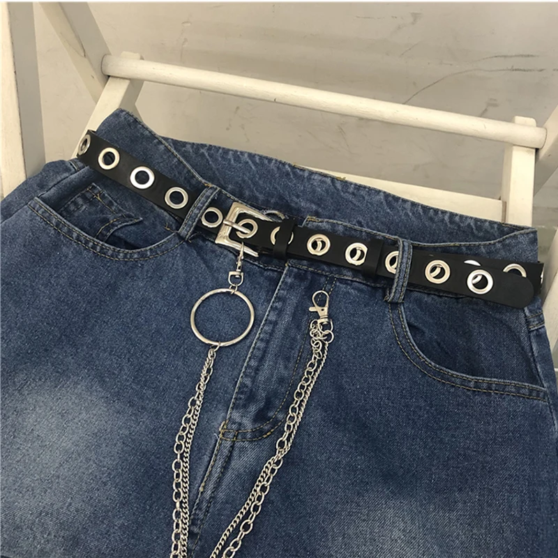 

Black Women belt punk style casual denim youth PU leather belts square Silver buckle pin chain simple solid color