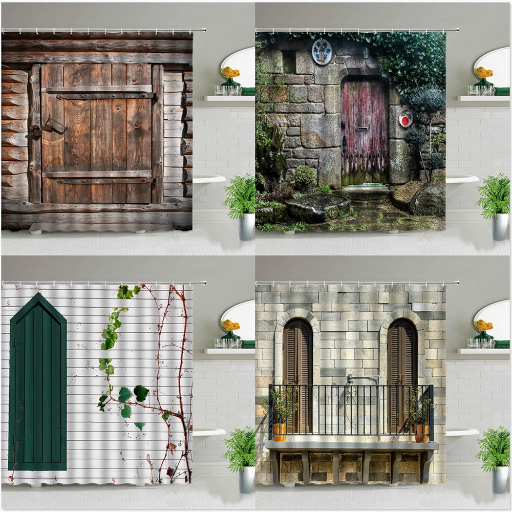 

Farm Old Wooden Door Print Shower Curtain West Small Town Rural Retro Scenery Bathroom Curtains Set Waterproof Fabric With Hooks
