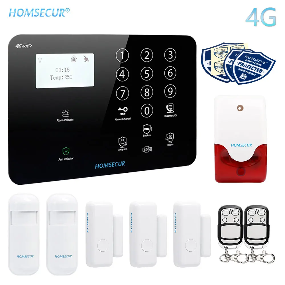 HOMSECUR Беспроводной и проводной 4G/3G/GSM LCD Домашняя сигнализация Система с тревожной кнопкой - Цвет: 4G Set B